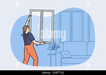 Man master changing windows in apartment, holding casement in hands standing near sofa. Replacing windows in home during renovations to improve energy efficiency and building exterior Stock Vector