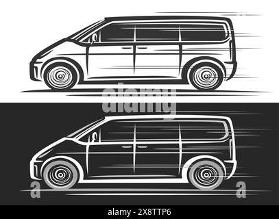 Vector logo for Minivan, automotive decorative banners with simple contour illustration of line art monochrome multi-purpose vehicle in moving, elegan Stock Vector