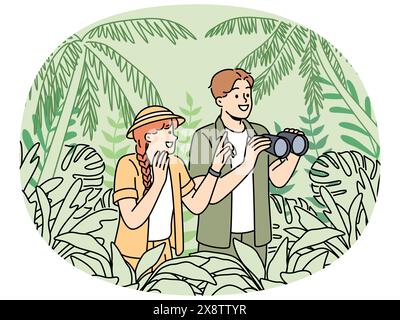 Tourists participate in jungle safari standing among dense tropical vegetation and holding binocular in hands. Happy couple of man and woman went on safari journey to explore wildlife Stock Vector
