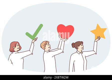 Businesspeople raise above heads social media feedback symbols and add interesting content to favorites. Businesspeople man and women recommend doing internet marketing and company promotion Stock Vector
