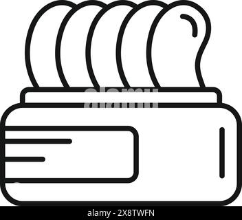 Black and white line drawing of a toaster with multiple bread slices, simple kitchen appliance icon Stock Vector