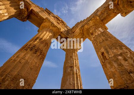 The Doric columns of the reconstructed Greek Temple of Hera, Selinunte, Sicily Stock Photo