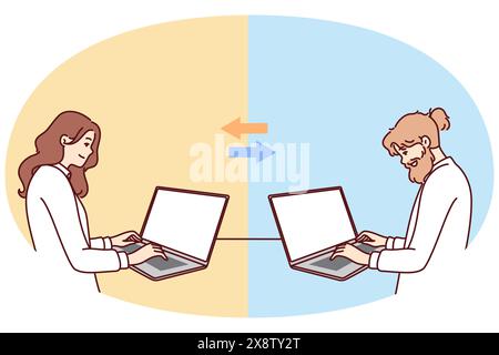 Teamwork of man and woman working remotely via laptops on project and exchanging information via internet. Concept teamwork and simultaneous change of one document by different people Stock Vector