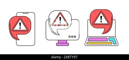 Illustration of a broken laptop. Error warning sign on the screen. Vector image of a broken or repaired computer Stock Vector
