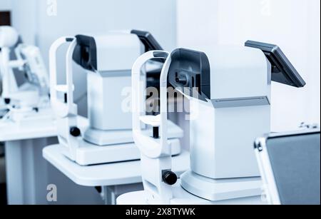 Special modern white diagnostics devices in the ophthalmologic clinic Stock Photo