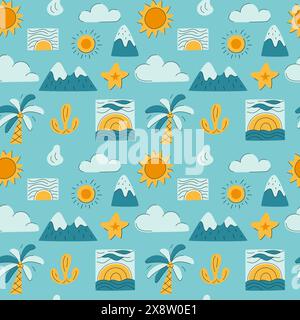 A seamless blue and orange pattern of nature elements. Mountains, sunset, palm tree. Vacation, traveling, summer holidays. Vector simple design on lig Stock Vector