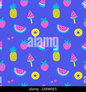 Bright colorful seamless pattern with summer fruits. Hand drawn cheerful and playful design. Vivid, neon colors. Vector cartoon simple elements on a b Stock Vector