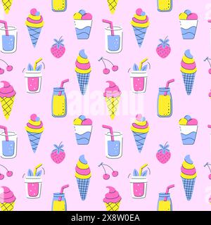 A colorful seamless pattern with summer desserts. Beverages, ice cream, cherry. Hand drawn sweet food on a pink background. Scene is cheerful and play Stock Vector