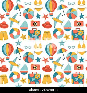 Colorful seamless pattern with summer, travel elements such as Suitcase, camera, umbrella. Simple cartoon symbols of vacation, relaxing on the beach. Stock Vector