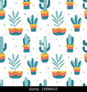 A colorful seamless pattern with cactus and other abstract potted plants. Bright houseplants in flower pots. Cartoon illustrations on a white backgrou Stock Vector