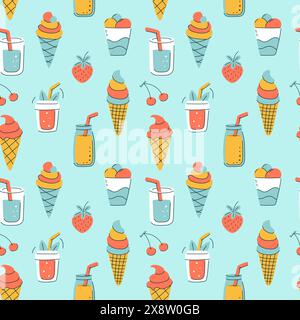 A colorful seamless pattern with summer desserts. Beverages, ice cream, cherry. Hand drawn sweet food on a light blue background. Scene is cheerful an Stock Vector