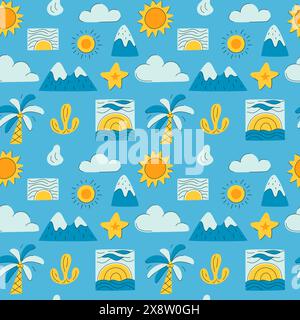 A seamless blue and yellow pattern of nature elements. Mountains, sun, clouds. Tourism, traveling, summer holidays. Simple design on blue background Stock Vector