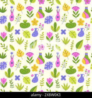 A colorful floral pattern with various shapes and sizes of flowers and leaves. The flowers are arranged in a way that creates a sense of movement and Stock Vector