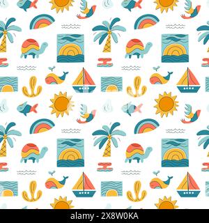 Seamless pattern with animals and elements of nature. Funny simple cartoon whale, turtle, fish. Colorful design for vacation, beach holiday. White bac Stock Vector