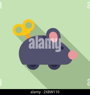 Vintage windup toy mouse illustration with mechanical winding key on pastel background, perfect for children's plaything and nostalgic retro design Stock Vector