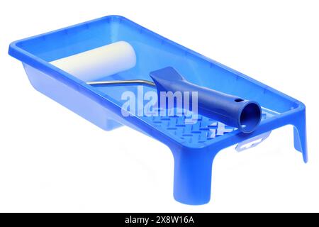 paint roller in paint tray isolated on white background Stock Photo