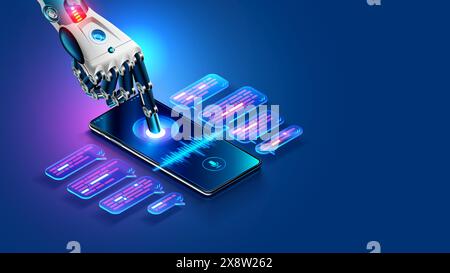 AI chat bot in image robot hand tap screen phone. Mobile online AI chat bot talk through messenger with user. Abstract robotic arm of internet Chatbot Stock Vector