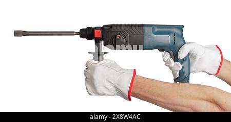 Equipment for drilling and work repair. Construct industrial hand with instrument. Electric worker with power screwdriver. Device and metal object for Stock Photo