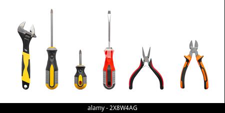 Equipment set isolated on white background, including metallic screwdriver, work tool, steel object for repair. Industrial mechanic hardware, red hand Stock Photo