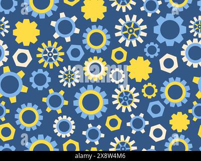 Seamless pattern of gears in steampunk and atompunk style. Jagged details, geometric shapes. Design for wallpapers, banners and posters. Vector illust Stock Vector