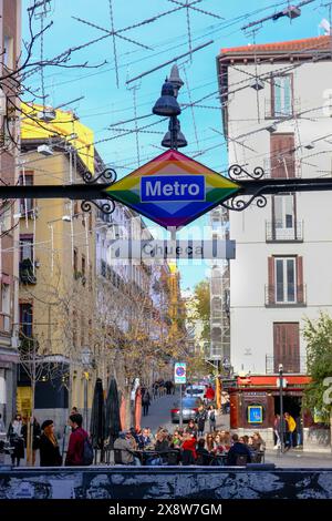 Madrid, Spain. 2023 November 26. Metro Chueca street sign in Madrid Stock Photo