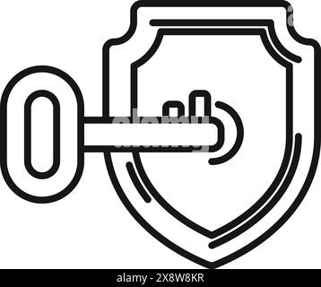 Line art icon depicting a key and security shield, symbolizing access or protection Stock Vector