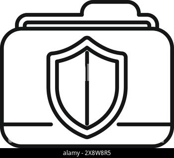 Black and white line art of a folder icon with a protective shield symbolizing data security Stock Vector