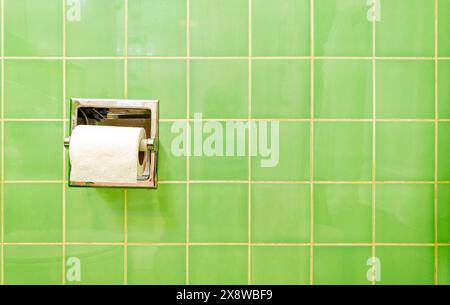 Roll of toilet paper hangs in a dispenser on a green tile bathroom wall Stock Photo