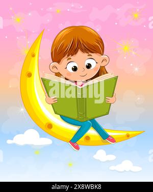 A little girl with a book in her hands sits on a cartoon moon. The girl is reading a book. Stock Vector