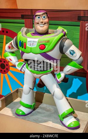 Madrid, Spain; 05-14-2024: Large figure of the famous character Buzz Lightyear from the movie Toy Story in an exhibition called Pixar World about the Stock Photo