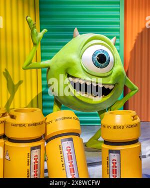 Madrid, Spain; 05-14-2024: Large figure of the famous character Mike Wazowski from the movie Monsters, Inc in an exhibition called Pixar World about t Stock Photo