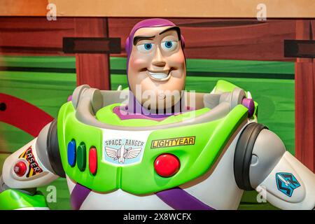 Madrid, Spain; 05-14-2024: Large figure of the famous character Buzz Lightyear from the movie Toy Story in an exhibition called Pixar World about the Stock Photo