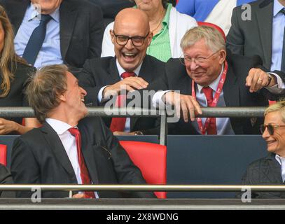 London, UK. 25th May, 2024 - Manchester City v Manchester United v - FA Cup Final - Wembley.                                                            Manchester United co-owner Sir Jim Ratcliffe, Sir Alex Ferguson and David Brailsford during the FA Cup Final.                                      Picture Credit: Mark Pain / Alamy Live News Stock Photo