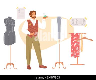 Tailor working. Sewing atelier master dressmaker characters vector ...
