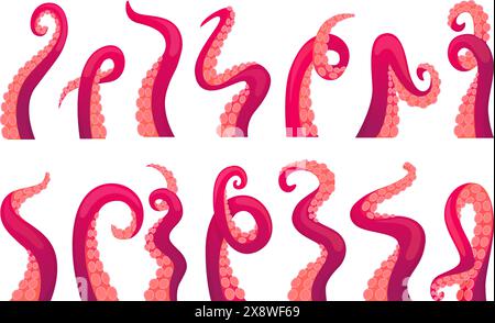 Cartoon octopus tentacles. Isolated ocean octopuses elements, squid tentacle. Seafood menu elements, marine animals details, neoteric vector set Stock Vector