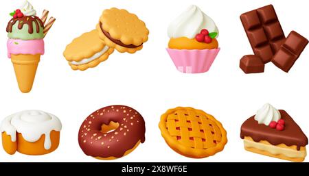 3d dessert. Bakery shop sweets, pastries and cakes. Realistic ice cream, pie and cookies. Chocolate and cupcake, donut, pithy vector clipart Stock Vector