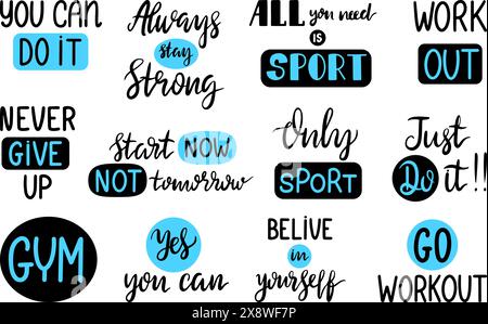 Sport lettering phrases. Motivational typography elements, handwritten ink designs for print or card decor. Sporty positive quotes, neoteric vector Stock Vector