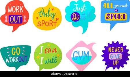 Sport phrases badges. Doodle positive motivational lettering quotes, typography stickers design. Training and workout, neoteric vector bubbles set Stock Vector