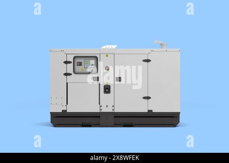 Mobile diesel generator for emergency electric power front view 3d render on blue Stock Photo