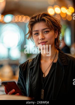 Transgender person with short hair and stylish outfit smiling while holding a smart-phone in a warmly lit setting. Stock Photo