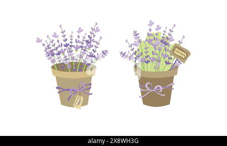 Vector illustration of blooming lavender in a clay pot. Cute vector illustration, for your design stickers, postcards and wallpapers. Stock Vector