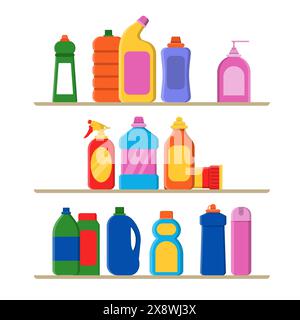 Bottles on shelves detergent and cleaning liquid products in colored bottles for domestic hygiene Stock Vector
