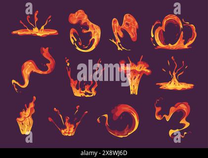 Lava splashes. Bulbs of burning liquid flowing volcano lava exact vector cartoon yellow animation templates Stock Vector