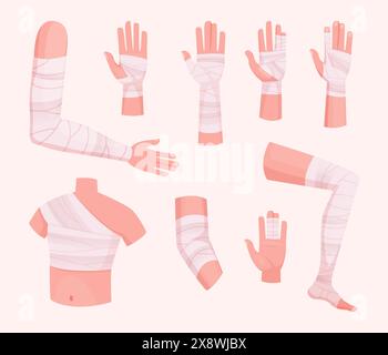 Bandaged body. Human injury protection different body parts bandaged legs hands arms head exact vector cartoon anatomy pictures Stock Vector