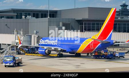 Washington DC, USA - 29 April 2024: Boeing 737 Max registration N8823Q) operated by Southwest Airlines at the terminal at Dulles International airport Stock Photo