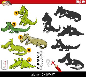 Cartoon illustration of finding the right shadows to the pictures educational activity with crocodiles animal characters Stock Vector