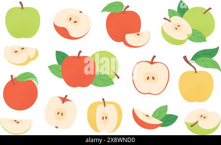 Cartoon apples fruits. Apple slices and whole, fresh garden fruit. Red, green and yellow raw vegan ingredients for pie or jam, racy vector food Stock Vector