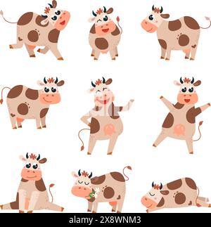 Funny cows. Farm animals, cute cow different poses cartoon characters. Emotional animal sleeping and has fun. Agriculture, farmland classy vector Stock Vector