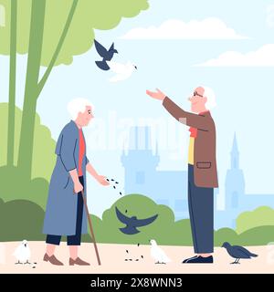 Old couple in park. Cute people feeding pigeons in city. Recreation and lifestyle on retirement, two elderly characters walking together, recent Stock Vector