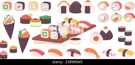 Sushi rolls set. Tasty asian style food, onigiri and roll with rice, vegetables and fish. Traditional serving with soy sauce, racy vector clipart Stock Vector